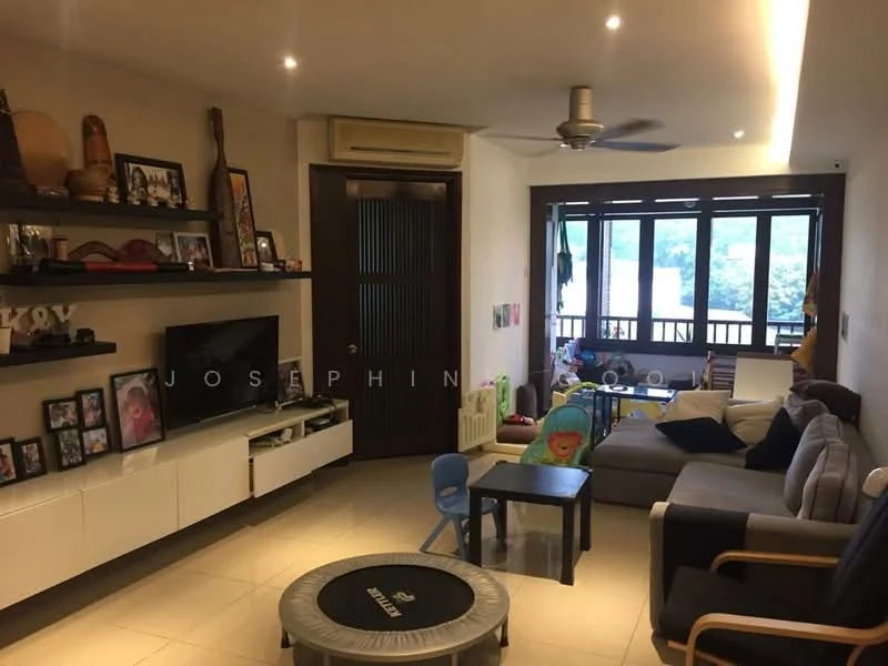 Living features: light grey fabric sofa, wooden armchair, black coffee table, white TV console, wall-mounted TV, shelves with decorative items, framed photographs, ceiling fan, recessed downlights, large windows with wooden frames, light-colored tiled flooring, play area with small table and chairs; style: modern; view: garden.