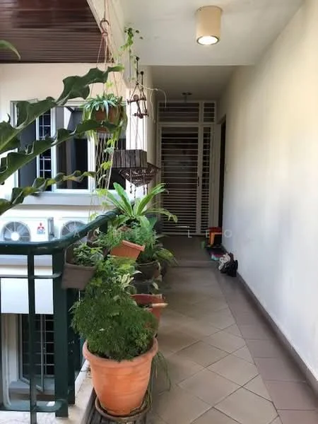 Room features: tiled flooring, white painted walls, ceiling light fixture, potted plants, greenery along the corridor, decorative hanging planters, sliding door at the end of the corridor, metal railing; style: modern; view: garden.