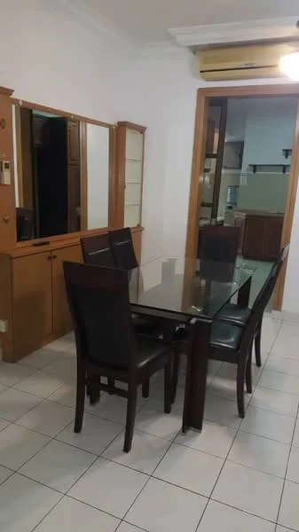 Dining features: glass dining table, 6 upholstered dining chairs in black, wooden sideboard with mirror, white painted walls, tile flooring, ceiling fan, wall-mounted air conditioning unit; style: modern. Room features: kitchen area visible in background.