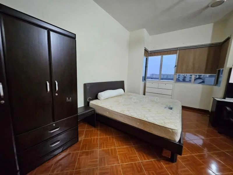 Bedroom features: queen-size bed, upholstered headboard, dark wood wardrobe, nightstand, window with blinds, tile flooring, cream painted walls, ceiling fan; style: modern; view: city.