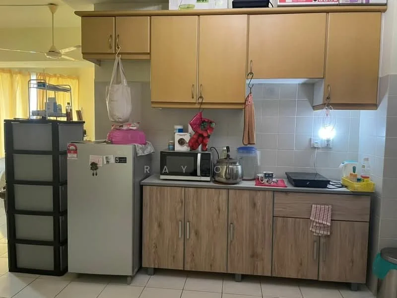 Kitchen features: light wood cabinetry, grey laminate lower cabinets, stainless-steel fridge, microwave, kettle, stainless-steel sink, countertop with space for appliances, tile backsplash, white tiled flooring, wall-mounted light, hanging storage bag, plastic storage containers; style: modern.