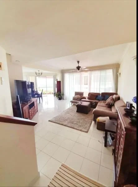 Living features: 3-seater fabric sofa in beige, 2-seater fabric sofa in brown, area rug with geometric pattern, coffee table, TV console, wall-mounted TV, floor-to-ceiling windows, sheer curtains, ceiling fan, light-colored walls, white tiled flooring, decorative plants, wooden side table; style: modern; view: garden.
