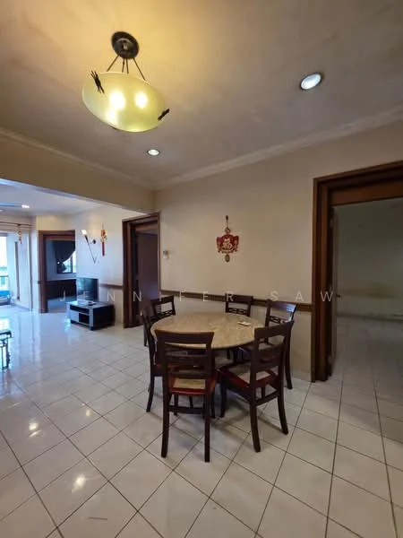 Dining features: round dining table, 6 dining chairs, white tiled flooring, cream painted walls, recessed downlights, wall-mounted decorative piece, wooden door frames, large windows with natural light; style: traditional. Living features: sofa, coffee table, TV console, wall-mounted TV, white tiled flooring, cream painted walls, recessed downlights, wooden door frames; style: traditional.