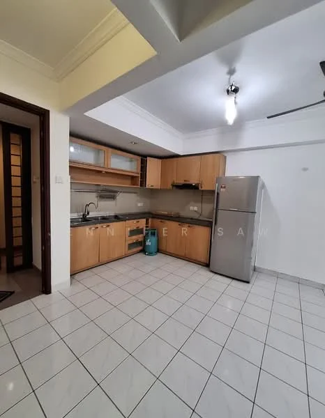 Kitchen features: light wood cabinetry, stainless-steel fridge, single-bowl stainless-steel sink, chrome pull-down faucet, ceramic tile flooring, white walls, recessed downlights, ceiling fan, countertop with space for appliances, window with natural light, gas stove with hood, open shelving; style: modern.