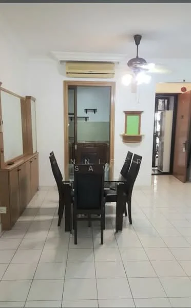 Dining features: 6-seater dining table, black upholstered dining chairs, ceiling fan with light, wall-mounted mirror, wooden sideboard, white tiled flooring, air conditioning unit, glass panel door leading to another room; style: modern.