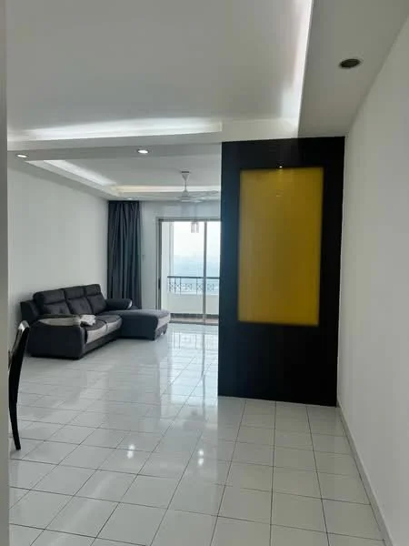 Living features: grey fabric sofa, white tiled flooring, recessed ceiling lights, 5-blade ceiling fan, floor-to-ceiling windows, sliding glass door, curtains, decorative wall with yellow panel; style: modern; view: city.