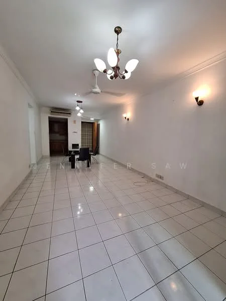 Living features: white painted walls, glossy white tile flooring, recessed downlights, chandelier with multiple bulbs, 2-blade ceiling fan, 1 wall-mounted split AC, wall sconces, large window, open layout; style: modern.