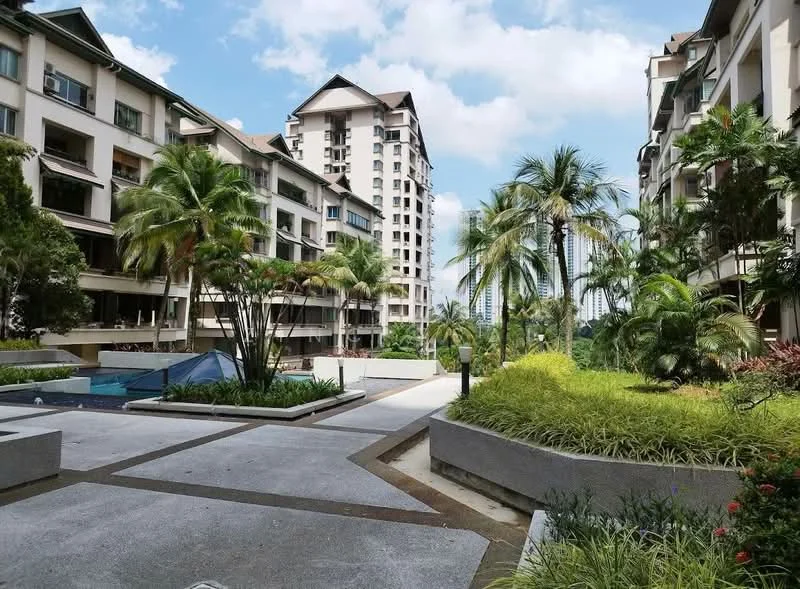 Exterior type: low-rise apartment block; features: landscaped garden with tropical plants, manicured lawn, paved walkway, swimming pool with deck, multiple storeys, balconies on upper floors, surrounded by palm trees, modern architectural design, city skyline in background; style: modern.