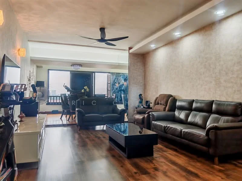 Living features: 3-seater leather sofa in dark brown, 2-seater leather sofa in dark brown, black coffee table, wall-mounted TV, entertainment unit, wooden flooring, recessed LED downlights, 5-blade ceiling fan, large windows with city view, decorative wall lights, textured wall finish; style: modern; view: city.