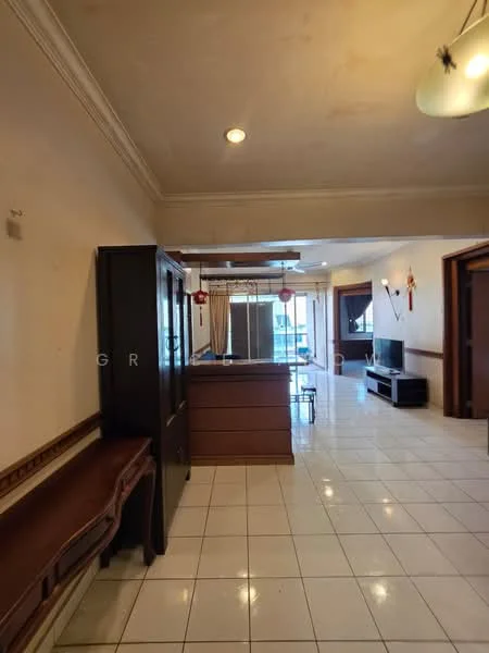 Living features: white painted walls, tile flooring, recessed downlights, ceiling fan, large windows with sheer curtains, TV console, wall-mounted TV, coffee table, open layout to kitchen, decorative wall sconces; style: contemporary; view: city. Kitchen features: dark wood cabinetry, granite countertop, stainless-steel fridge, built-in oven, 4-burner gas hob, kitchen island, pendant lighting; style: contemporary.