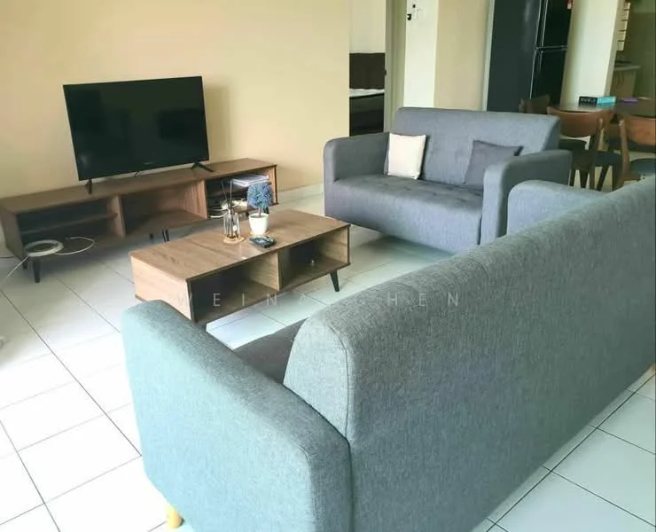 Living features: 2-seater fabric sofa in grey, 3-seater fabric sofa in grey, wooden coffee table, TV console, wall-mounted TV, ceramic tile flooring, neutral painted walls, decorative plant on coffee table, area rug, dining table visible in background; style: modern.