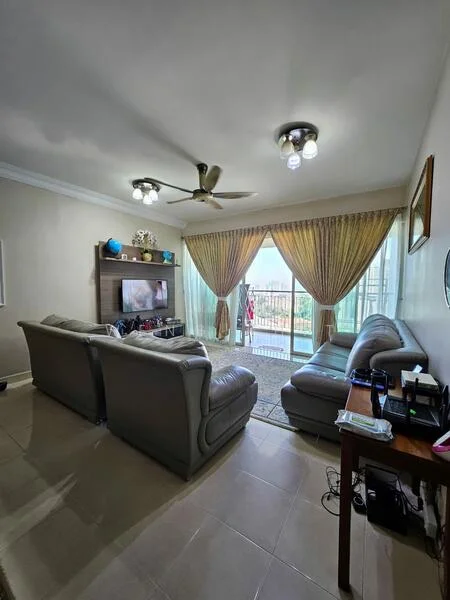 Living features: 2-seater leather sofa in grey, 3-seater leather sofa in beige, coffee table, TV console, wall-mounted TV, area rug, 5-blade ceiling fan with light, floor-to-ceiling windows with sheer curtains, decorative wall art, light-colored painted walls, tile flooring; style: contemporary; view: city.