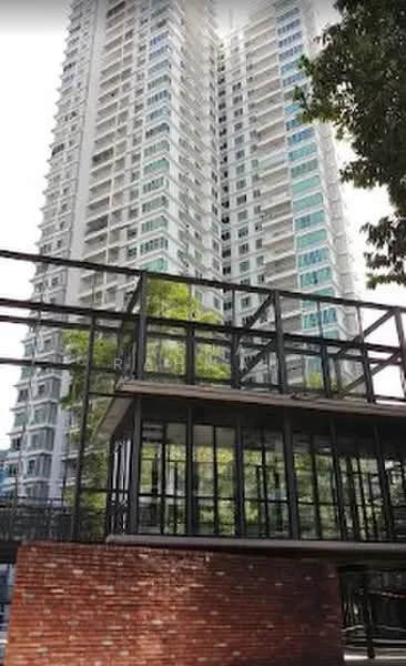 Exterior type: high-rise condominium; features: glass curtain wall, white painted facade, recessed balconies, brick base, multiple storeys, surrounded by greenery; style: modern.