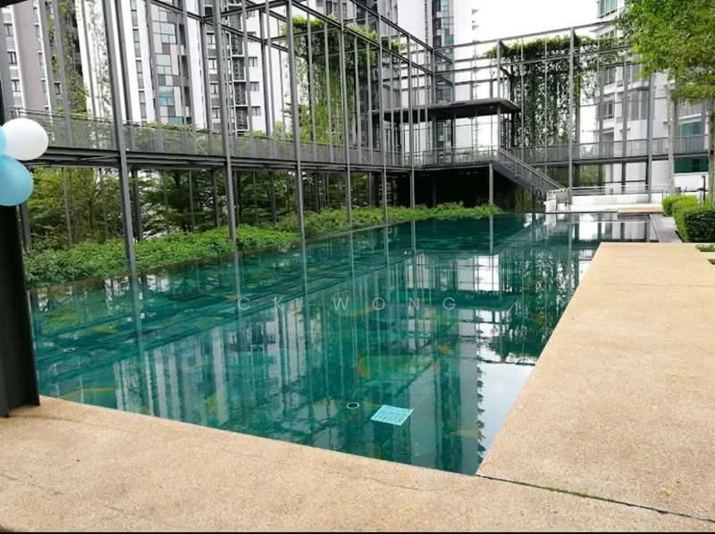 Exterior type: swimming pool deck; features: infinity pool, surrounded by greenery, glass railing, concrete walkway, landscaped garden, modern architecture, water feature, pool deck with loungers; style: modern.