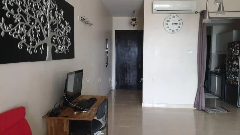 Living features: cream painted walls, glossy tile flooring, 5-blade ceiling fan with light, wall-mounted clock, wall art with tree design, wooden desk with black chair, door leading to kitchen, curtains on window, air conditioning unit; style: modern.