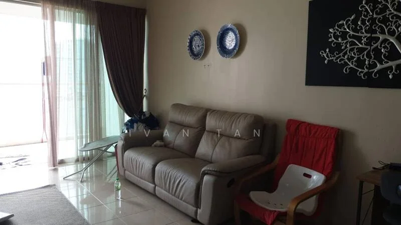 Living features: 3-seater leather sofa in beige, glass coffee table, floor-to-ceiling windows, sheer curtains, area rug, decorative wall art, wall-mounted decor, tile flooring; style: modern; view: city.