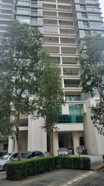 Exterior type: high-rise condominium; features: glass curtain wall, white painted facade, recessed balconies, manicured landscaping, trees in front, parking area, multiple storeys, elevated entrance; style: modern.