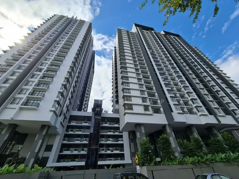 Exterior type: high-rise condominium; features: glass curtain wall, white painted facade, grey accent panels, recessed balconies, approximately 20-storey high-rise, landscaped greenery at base, modern architectural design, surrounded by mature trees; style: modern.