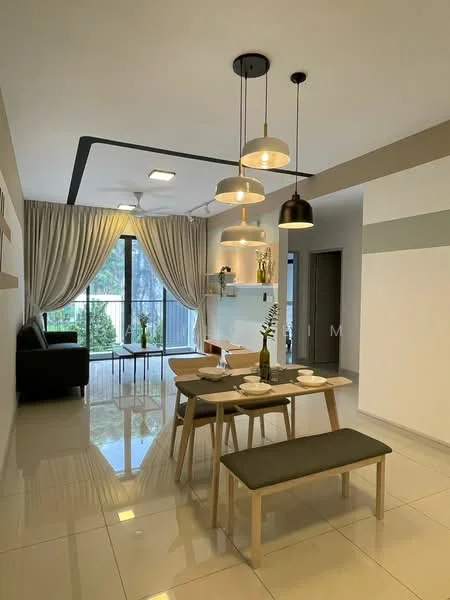 Dining features: 6-seater dining table, wooden dining chairs with upholstered seats, pendant lighting with multiple bulbs, floor-to-ceiling windows, curtains, polished ceramic tile flooring, greenery view outside, wall-mounted shelf, decorative vase, ceiling fan; style: modern; view: garden. Living features: 3-seater fabric sofa in dark color, decorative wall shelf, wall-mounted TV, area rug, large window, curtains; style: modern; view: garden.