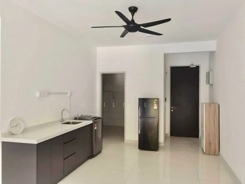 Kitchen features: white painted walls, glossy tile flooring, black cabinetry, stainless-steel sink, chrome pull-down faucet, built-in oven, fridge, 5-blade ceiling fan, countertop with overhang, wall-mounted light fixture; style: modern. Room features: door leading to hallway, grey tiled wall, unknown flooring.