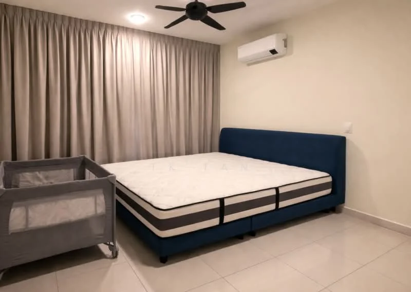 Bedroom features: queen-size bed with blue upholstered frame, mattress on bed, grey fabric crib, white walls, cream curtains, recessed ceiling light, wall-mounted split AC, glossy tile flooring, ceiling fan with light; style: modern.