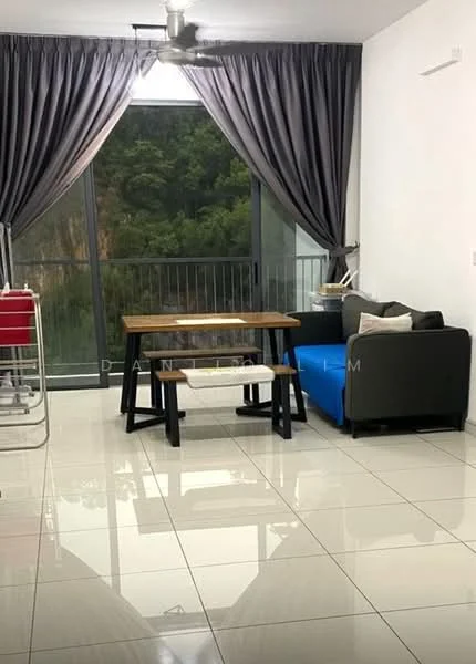 Living features: grey fabric sofa, wooden dining table, white bench seating, floor-to-ceiling windows, grey curtains, white tiled flooring, ceiling fan, decorative cushions, greenery view from window; style: modern; view: garden.