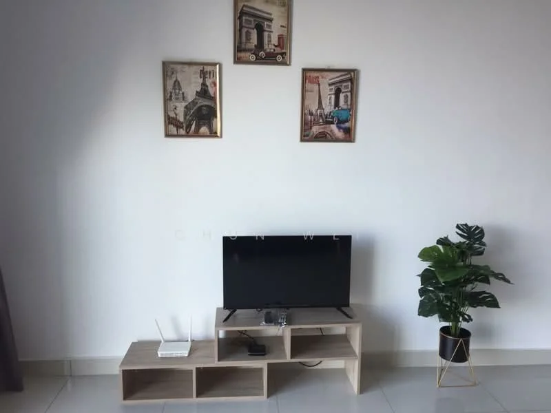 Living features: flat-screen TV on a wooden TV console, wooden TV console with open shelving, decorative wall art in frames, potted plant in a decorative pot, white painted walls, glossy tile flooring, curtains, wireless router on the console; style: modern.