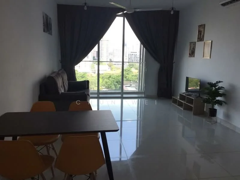 Living features: grey fabric sofa, 4-seater dining table, yellow plastic dining chairs, floor-to-ceiling windows, curtains, wall-mounted TV, TV console with storage, potted plant, polished tile flooring, ceiling fan with light; style: modern; view: city.