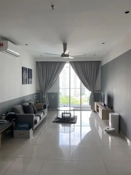 Living features: grey accent wall, white painted walls, polished tile flooring, 5-blade ceiling fan with light, sofa in light grey fabric, coffee table, TV console, wall-mounted TV, floor-to-ceiling windows, sheer curtains, decorative rug; style: modern; view: city.