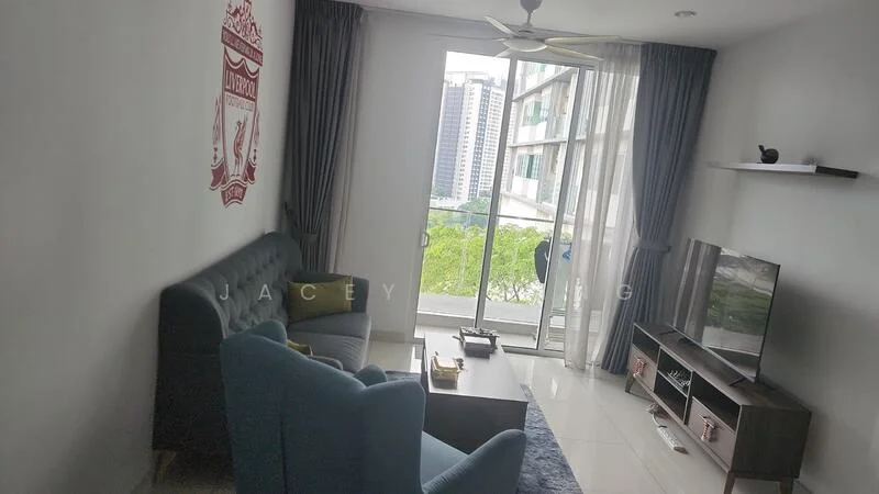 Living features: grey fabric 3-seater sofa, blue accent chair, wood coffee table, TV console, wall-mounted TV, floor-to-ceiling windows, curtains, ceiling fan with light, decorative wall art, area rug, light-colored walls, white tiled flooring; style: modern; view: city.