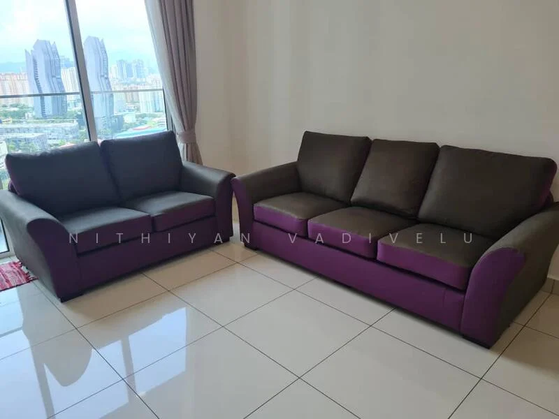 Living features: 2-seater fabric sofa in grey, 3-seater fabric sofa in brown, white walls, large floor-to-ceiling windows, city skyline view, ceramic tile flooring, curtains, area rug; style: modern; view: city.