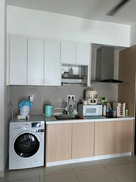 Kitchen features: white upper cabinets, light wood lower cabinets, grey tiled backsplash, stainless-steel sink, chrome pull-down faucet, built-in stove with extractor hood, microwave, rice cooker, washing machine, kettle, countertop with space for appliances, open shelving, dish rack; style: modern.