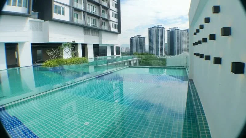 Exterior type: high-rise condominium; features: infinity pool, pool deck with loungers, glass railing, tiled pool surface, landscaped garden area, surrounding high-rise buildings, city skyline view, modern architectural design; style: modern.