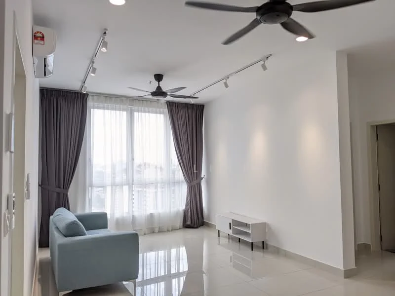 Living features: light grey fabric sofa, white TV console, floor-to-ceiling windows, sheer curtains, dark grey curtains, recessed LED downlights, 2-blade ceiling fan, glossy tile flooring, white painted walls, air conditioning unit on wall; style: modern; view: city.