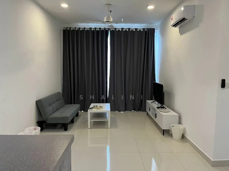 Living features: grey fabric sofa, white coffee table, wall-mounted TV, white TV console, floor-to-ceiling windows with grey curtains, 1 wall-mounted split AC, glossy tile flooring, recessed downlights, wastebasket; style: modern.
