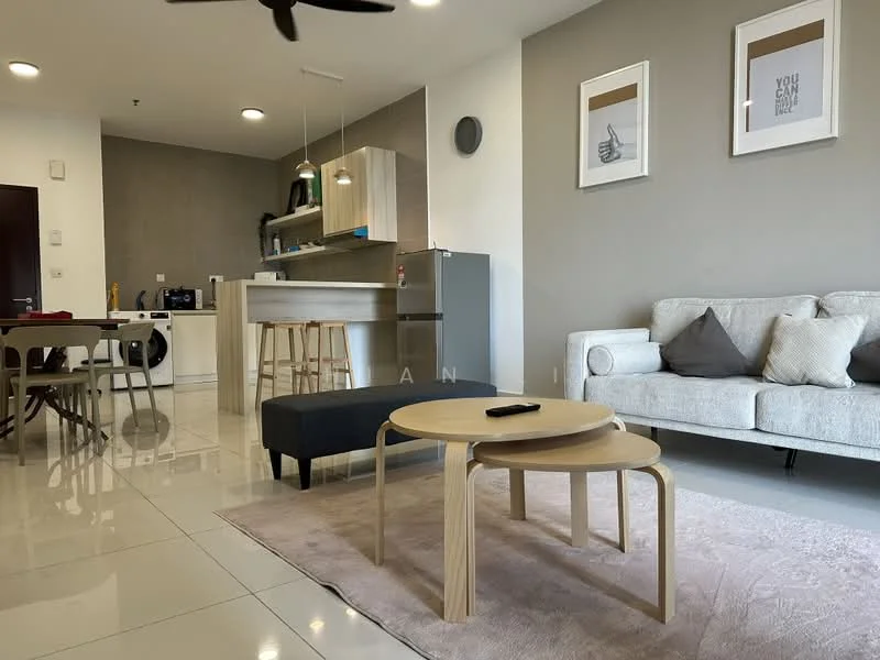Living features: 3-seater fabric sofa in light grey, coffee table with wooden legs, area rug with neutral color, floor-to-ceiling windows, recessed downlights, wall-mounted TV, decorative wall art, ceiling fan; style: modern. Kitchen features: open kitchen layout, stainless-steel fridge, built-in oven, 4-burner gas hob, wooden cabinetry, grey backsplash, bar counter with stools; style: modern. Dining features: 4-seater dining table, wooden dining chairs; style: modern.