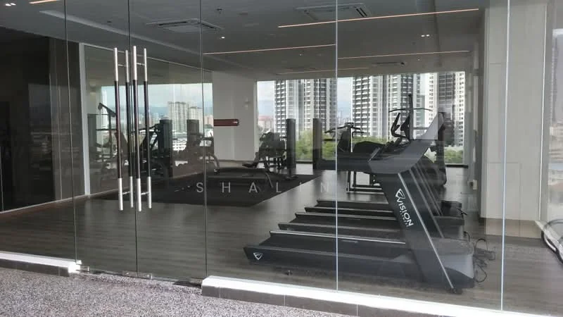 Exterior type: gym; features: glass facade, wooden flooring, treadmills, elliptical machine, exercise bikes, weight training area, mirrored wall, city skyline view, air conditioning units, recessed lighting; style: modern.