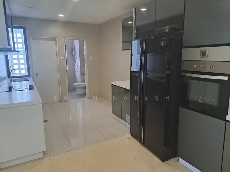 Kitchen features: white cabinetry, black glass-front refrigerator, built-in oven, stainless-steel sink, chrome pull-down faucet, white countertop, ceramic tile flooring, wall-mounted cabinets, open shelving, recessed downlights, grey backsplash, sliding door to laundry area, door to bathroom; style: modern.