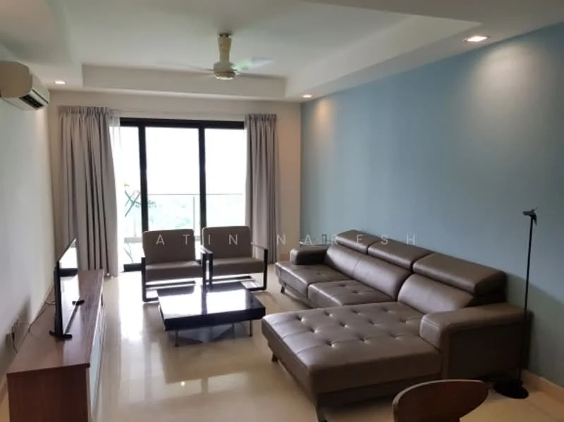 Living features: 3-seater leather sectional sofa in grey, coffee table, TV console, wall-mounted TV, floor-to-ceiling windows, curtains, ceiling fan, light-colored walls, cream tiled flooring, decorative floor lamp; style: modern; view: garden.