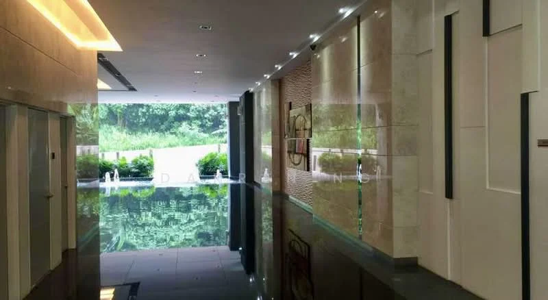 Room features: polished marble flooring, white painted walls, glass wall with garden view, recessed LED downlights, elevators visible, decorative wall paneling, water feature, large windows, modern artwork, open layout; style: modern; view: garden.