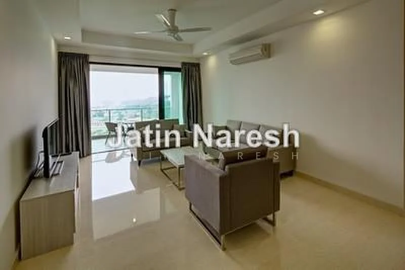 Living features: 3-seater fabric sofa in light grey, 2-seater fabric sofa in light grey, coffee table, TV console, wall-mounted TV, floor-to-ceiling windows, curtains, ceiling fan, recessed downlights, marble flooring, white painted walls, air conditioning unit; style: modern; view: city.