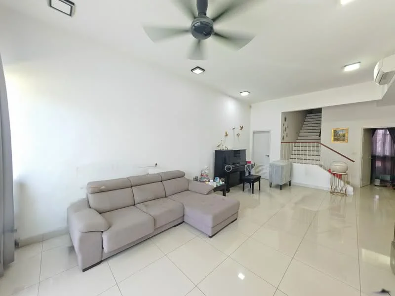 Living features: 3-seater fabric sectional sofa in light grey, white painted walls, glossy ceramic tile flooring, ceiling fan with light, wall-mounted TV, black TV console, decorative wall art, large windows with sheer curtains; style: modern. Room features: staircase leading to upper floor, doorway to adjacent room.