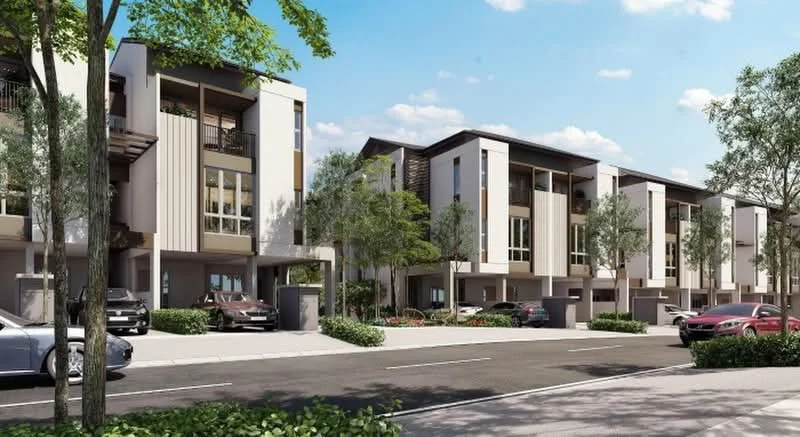 Exterior type: linked terrace house; features: modern facade with a mix of materials, three-storey structure, large windows, balconies on upper floors, manicured landscaping, driveway with parking spaces, paved walkway, surrounded by trees, urban setting, clear blue sky; style: modern.