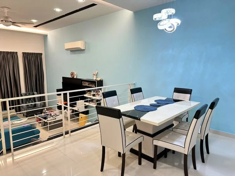 Dining features: white dining table with black trim, 8 upholstered dining chairs in black and white, recessed ceiling lights, 5-blade ceiling fan, light fixture with multiple bulbs, blue painted walls, white tiled flooring, curtains in grey fabric, open railing to living area; style: modern. Living features: sofa in blue fabric, coffee table, TV console, decorative items on shelves; style: modern.