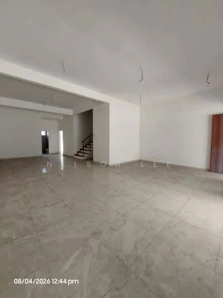 Room features: white painted walls, polished marble flooring, ceiling with hanging light fixtures, staircase visible in background, doorway leading to another room, large open space; style: modern.