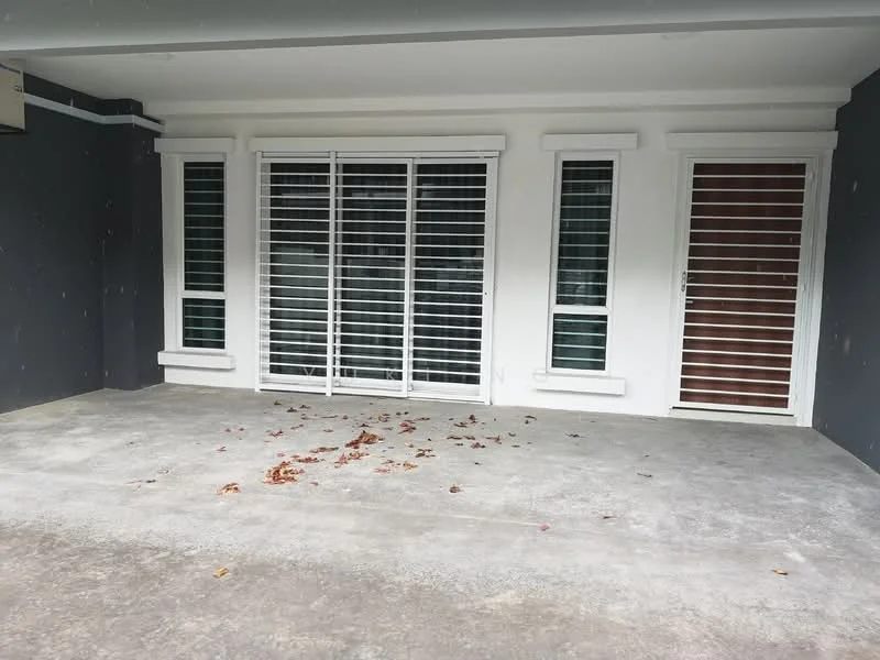 Exterior features: grey painted walls, white window frames, horizontal slatted window grilles, single door with vertical slats, concrete flooring, leaves on the ground; style: modern.