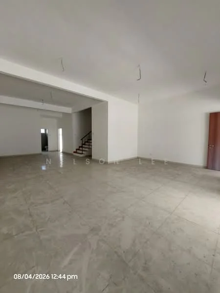 Room features: white painted walls, polished marble flooring, ceiling with exposed light fixtures, open layout, large windows, staircase visible in background, doorway leading to another room, neutral color palette; style: modern.