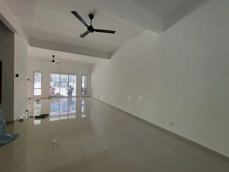 Living features: white painted walls, polished ceramic tile flooring, tray ceiling, 2 ceiling fans, large windows with blinds, open layout, natural light, minimalist decor; style: modern.