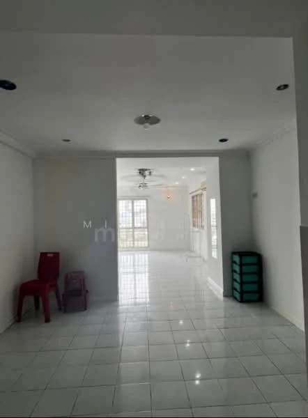 Room features: white painted walls, glossy white tile flooring, recessed downlights, 2 ceiling fans, large windows, open layout, empty space, no visible furniture; style: modern; view: city.