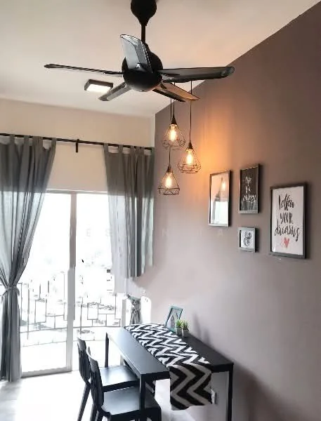 Room features: 5-blade ceiling fan with light, hanging pendant lights, grey painted walls, floor-to-ceiling windows, sliding glass door, sheer curtains, black dining table, black dining chair, decorative wall art, chevron patterned table runner, small potted plant; style: modern; view: city.